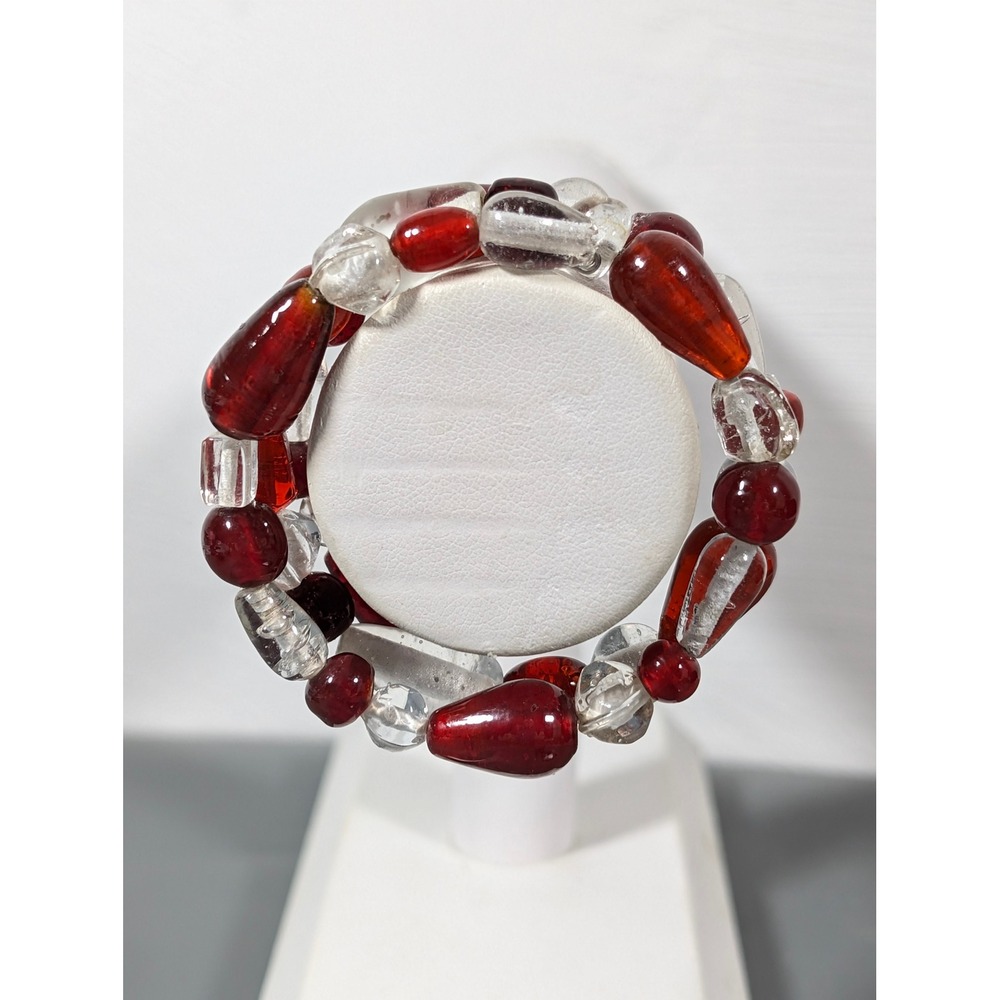 Artisan Red Clear Glass Bead Wrap Coil Bracelet Boho Statement 7" - Picture 2 of 6